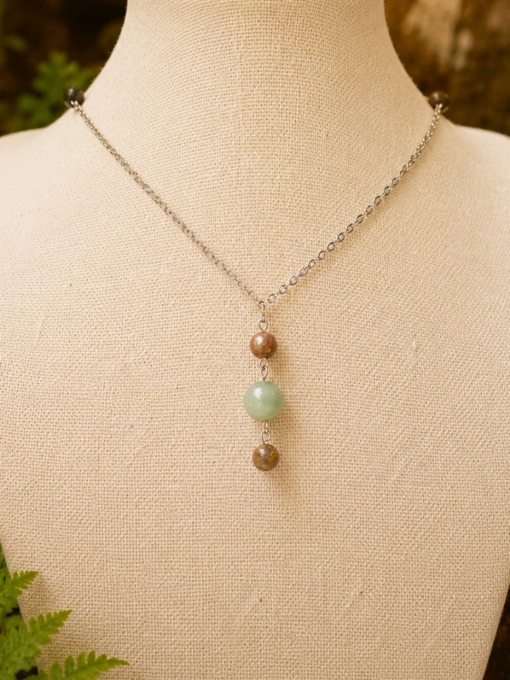 Jade & Garnet Stone Dainty Pendant Necklace, Tiny Stainless Steel Chain